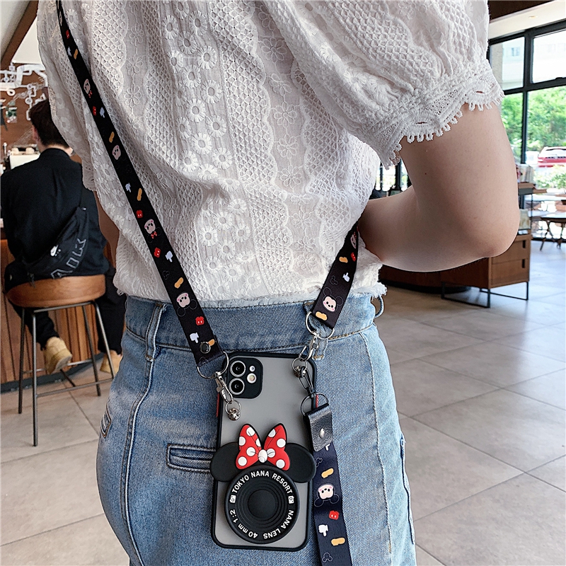 Cartoon Minnie Sling Case for OPPO F11 F9 Pro Reno 5 4 3 Pro 2 2F with Mirror Stand +Shoulder Hanger