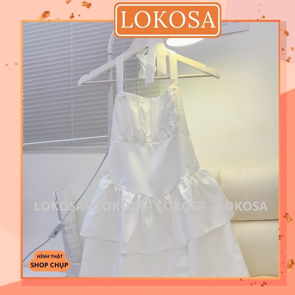Đầm dự tiệc LOKOSA Váy Body Trắng cổ yếm Dáng Xòe Xếp Tầng Cột Dây Thiết Kế Hở Lưng VD032