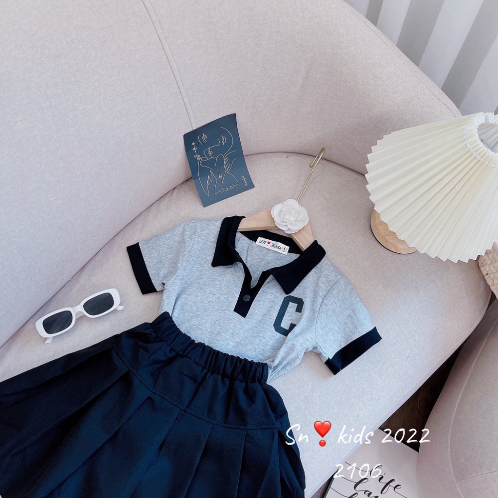 Sét áo thun kèm chân váy cho bé gái kiểu dáng thể thao, Set váy chữ C cho bé size 15-38kg