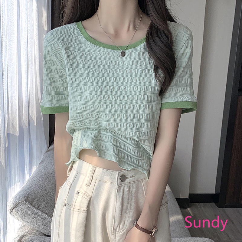 Áo Chiffon Cổ Tròn Phối Màu Khối Thời Trang Mùa Hè Cho Nữ Có Size Lớn