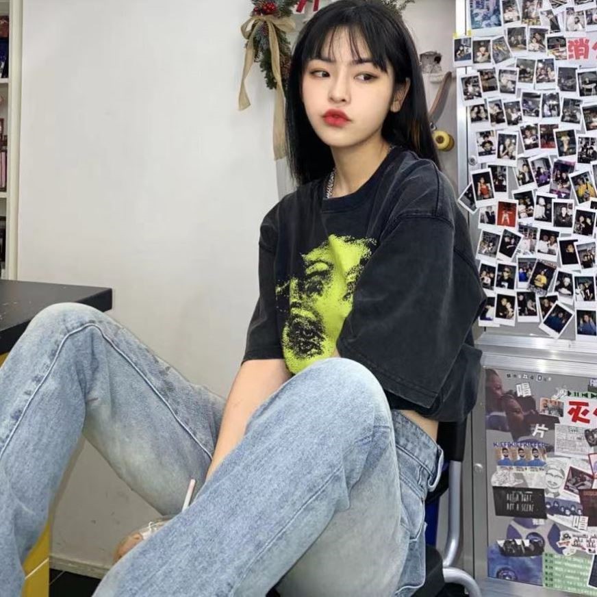 Đen Áo Thun Tay Ngắn Dáng Rộng In Họa Tiết Phong Cách Hip Hop Thời Trang Cho Nữ