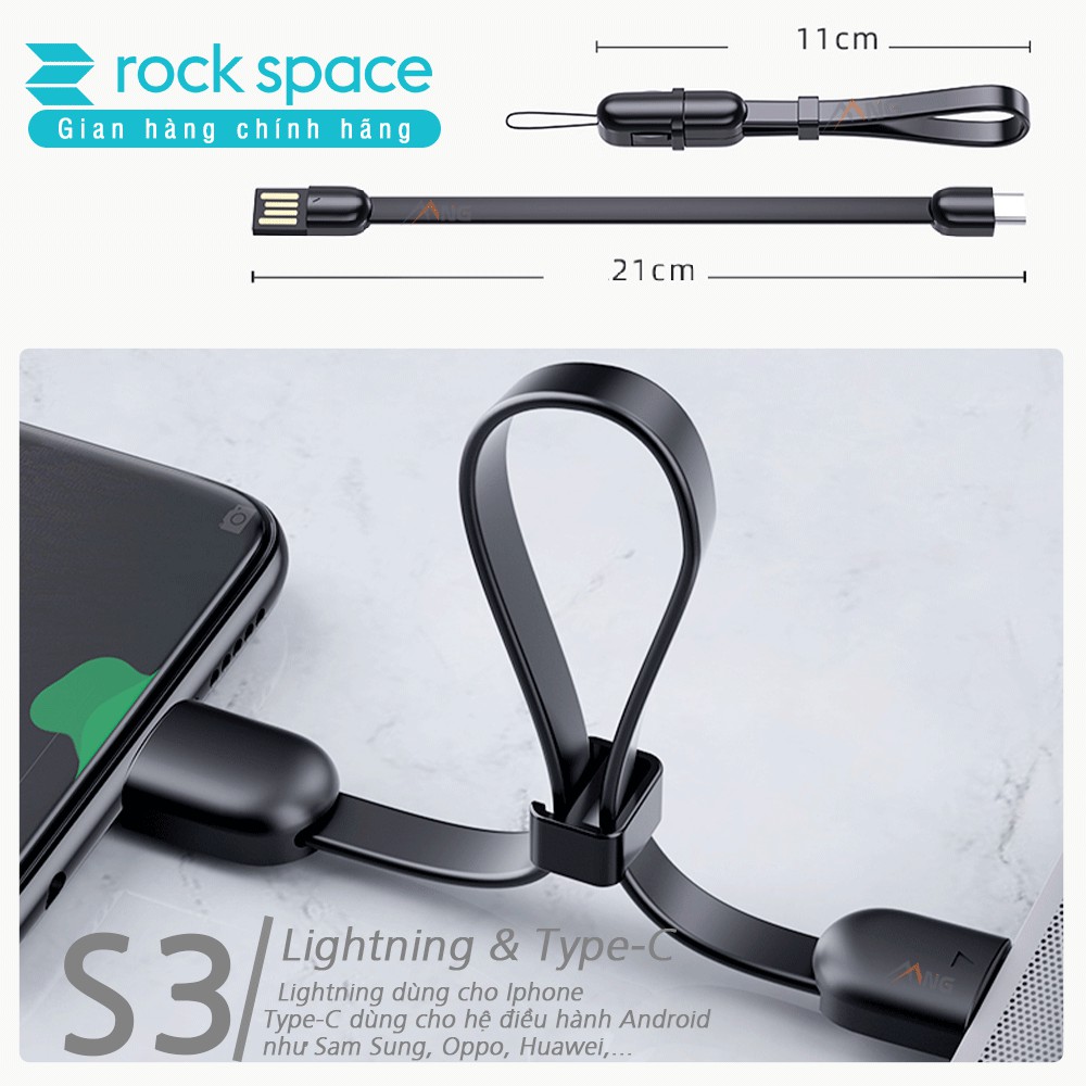 Cáp ngắn Rockspace S3 chuẩn lightning dành cho iphone / TypeC dành cho Samsung màu đen, trắng,móc khóa, nam châm