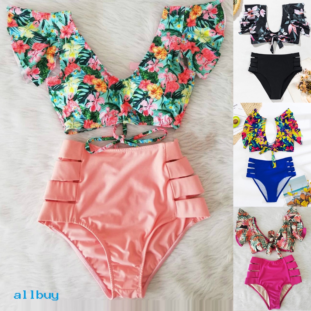 Bộ Đồ Bơi 2 Mảnh Eo Cao Viền Xếp Nếp Bằng Vải Polyester In Họa Tiết Hoa Cho Nữ