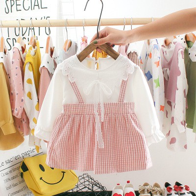Váy thu đông caro giả yếm cổ ren bé gái size 6-13kgVT13