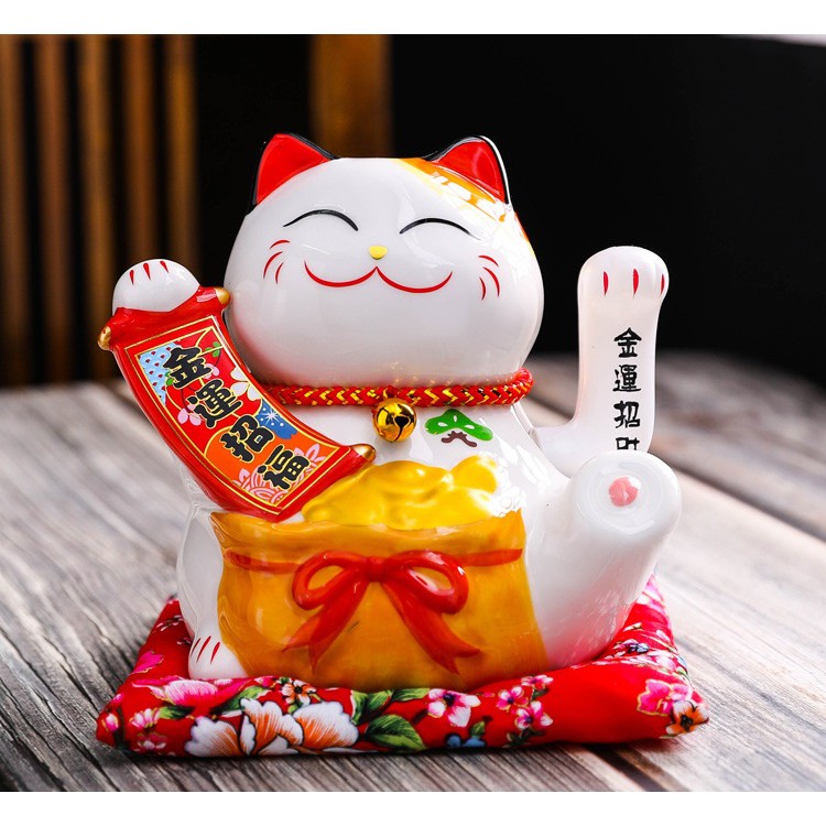 Mèo Thần Tài Vẫy Tay Phát Tài Phát Lộc Gốm Sứ Cao Cấp Kèm đệm đỏ Mèo may mắn vẫy tay chiêu tài phát lộc Maneki Neko
