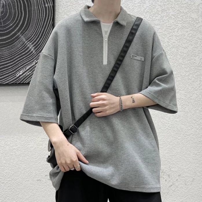 Áo Thun Polo nam Tay Ngắn Dáng Rộng Màu Trơn Có Khóa Kéo Thời Trang Phong Cách Hàn Quốc Cho Giới áo phông unisex bigsize áo sơ mi