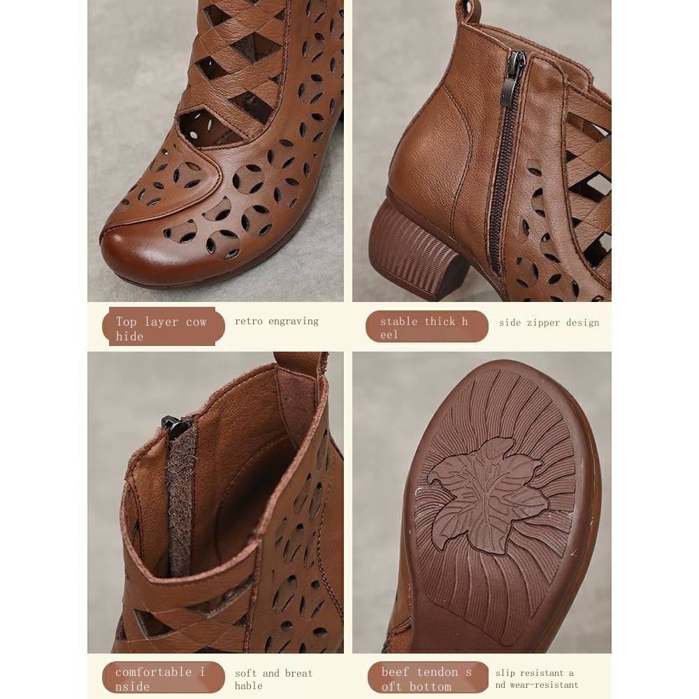 Xăng đan Da Bò Đế Dày Đục Lỗ Thoáng Khí Có Khóa Kéo Phong Cách retro Mùa Hè Cho Nữ