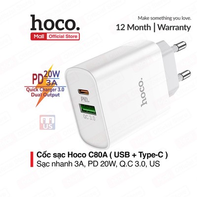 Củ sạc Hoco C80/C80A 2 cổng ( USB + Type-C ) sạc nhanh PD 20W/3A, Quick charger 3.0, tương thích với nhiêu thiết bị