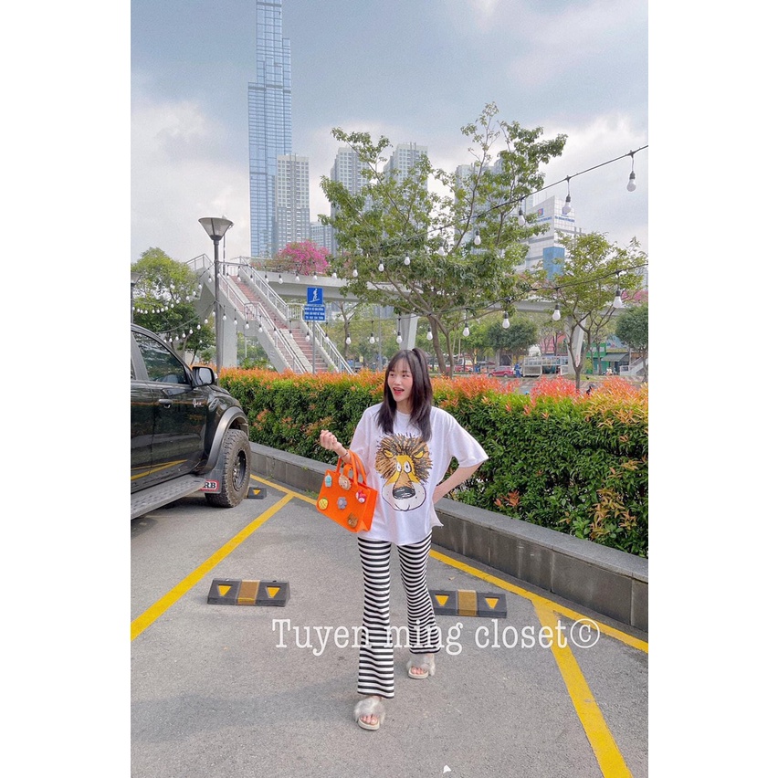 Quần legging ôm ống loe cạp cao dáng dài sọc kẻ Tanii Clothing