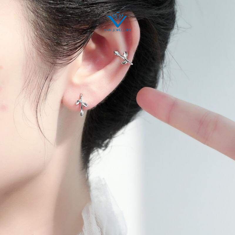 Khuyên tai bạc khuyên cành lá nhỏ dễ thương