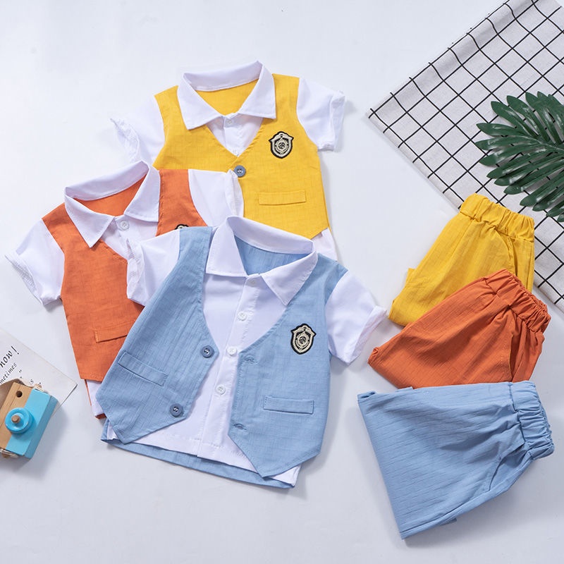 Bộ Áo Thun Tay Ngắn Giả Áo Vest + Quần Short Thời Trang Mùa Hè Dành Cho Bé Trai 2022