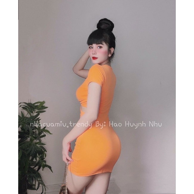[FREESHIP] Đầm nữ ôm body form ngắn khoét eo cách điệu ngực tay ngắn 4 màu siêu xinh