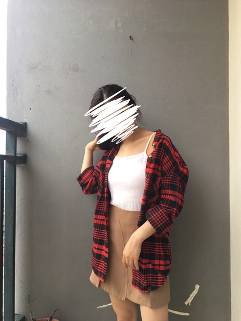 Áo sơ mi flannel kẻ đỏ đen unisex