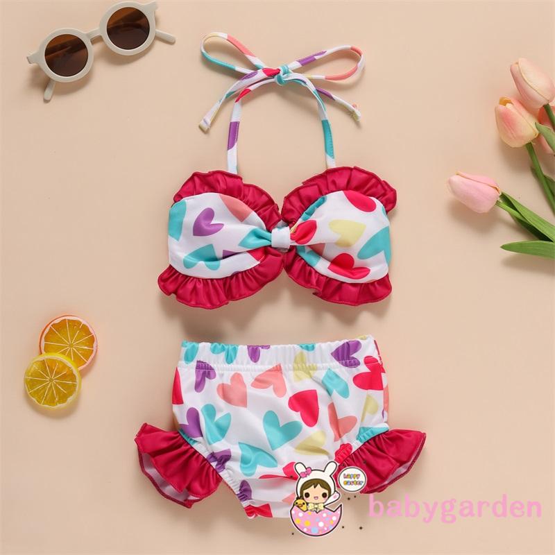 Đồ bơi một mảnh/hai mảnh in họa tiết trái tim phối bèo xinh xắn cho bé gái 0-12 tuổi