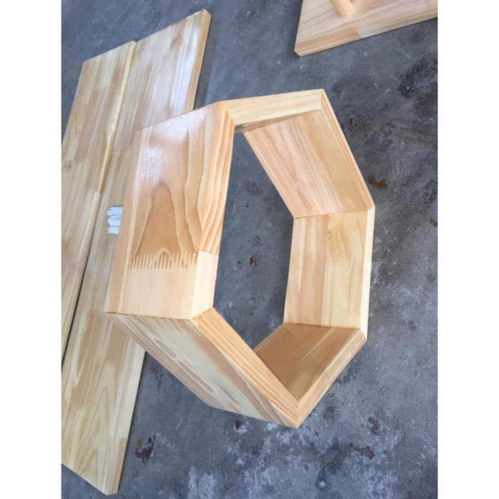 Bộ 6 kệ gỗ treo tường hình lục giác + 3 thanh ngang 40cm kết hợp gỗ thông kệ đựng đồ