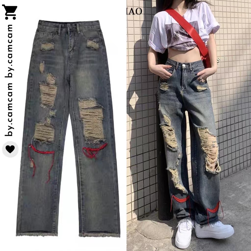 Quần Jeans Nữ Lưng Cao Thêu Hoa Cá Tính