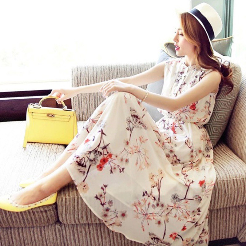 [Baywellfashion]Đầm sát nách cổ tròn hoạ tiết hoa phong cách Bohomian | BigBuy360 - bigbuy360.vn