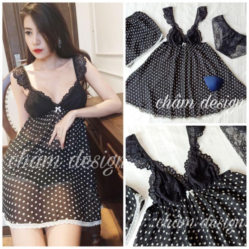 váy ngủ chấm bi đen trắng(hàng thiết kế độc quyền)