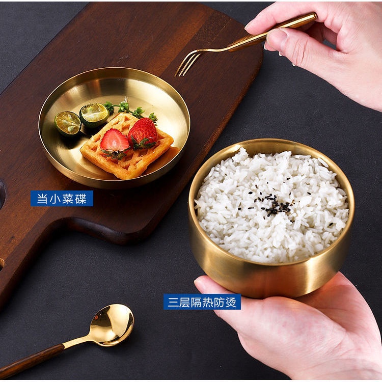 Sma korean style rice bowl 304 stainless steel bowl golden frosted bowl with lid double-layer anti-scalding anti-drop gia đình trẻ em nấu cơm