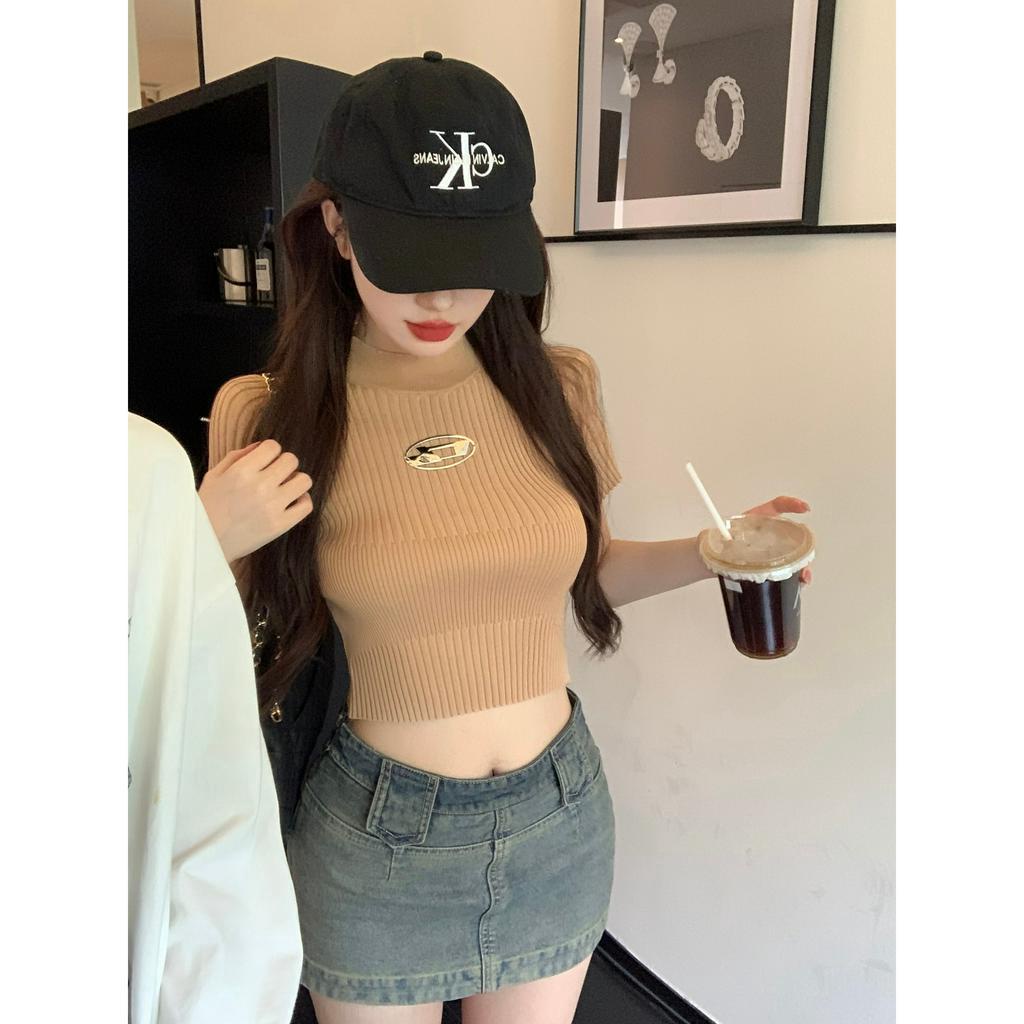 Y2K Áo Croptop Dệt Kim Tay Ngắn Cổ Cao Dáng Ôm Thời Trang Cho Nữ