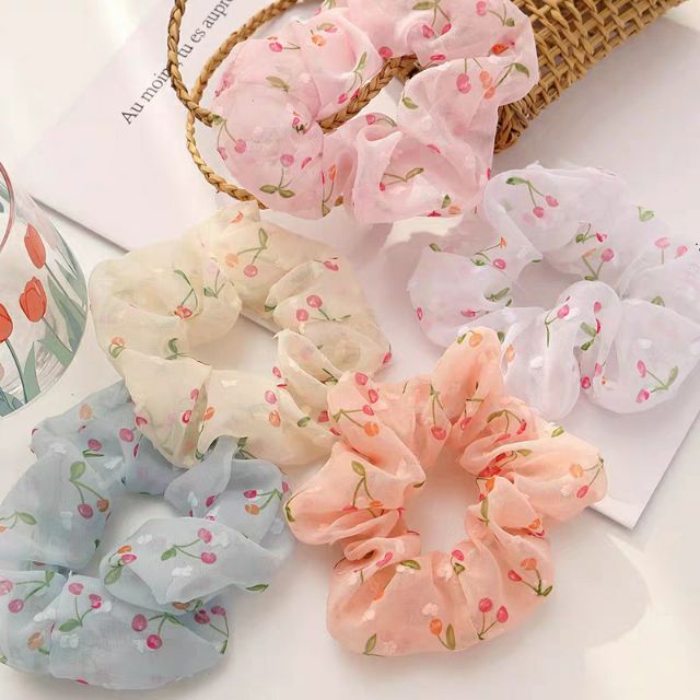 Dây cột tóc scrunchies vải voan họa tiết cherry