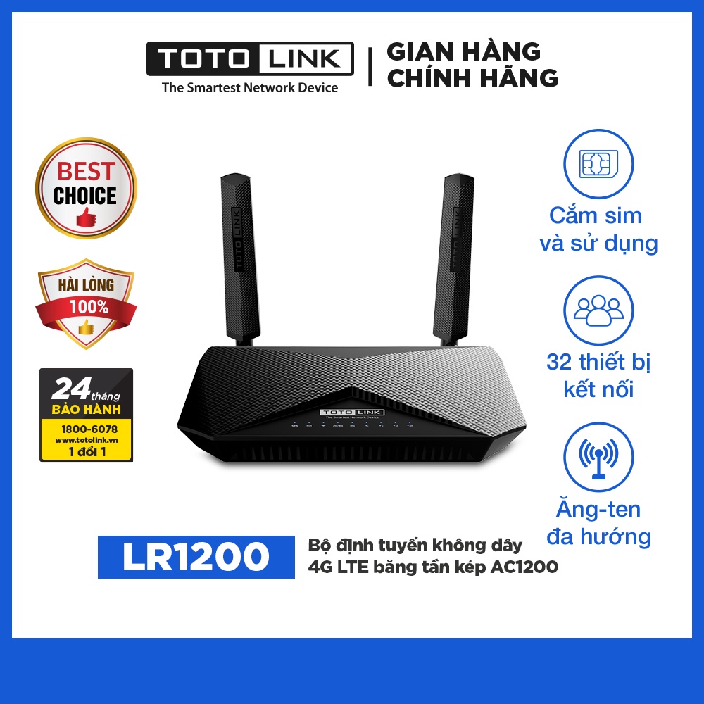TOTOLINK LR1200 - Bộ định tuyến không dây 4G LTE băng tần kép chuẩn  AC1200 Phát wifi dùng sim - Hàng chính hãng