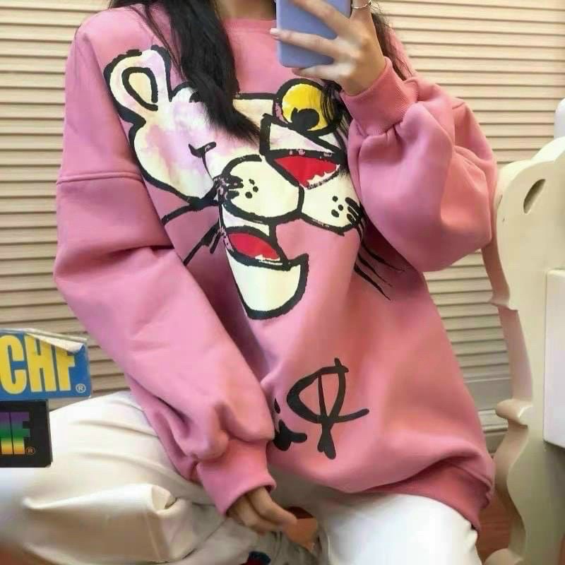 Áo Hoodie in hình hoạt hình chú báo màu hồng ngộ nghĩnh áo dày phong cách Hàn Quốc TP [NewUnisex]