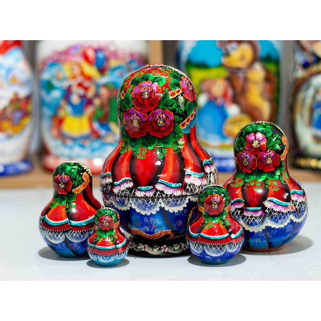 (CÓ VIDEO TỰ QUAY) BỘ BÚP BÊ NGA MATRYOSHKA CAO CẤP 5 LỚP 15CM DÁNG TRÒN VẼ HOA VĂN &quot;CỔ TÍCH PUSHKIN&quot; CỰC ĐẸP VÀ SANG