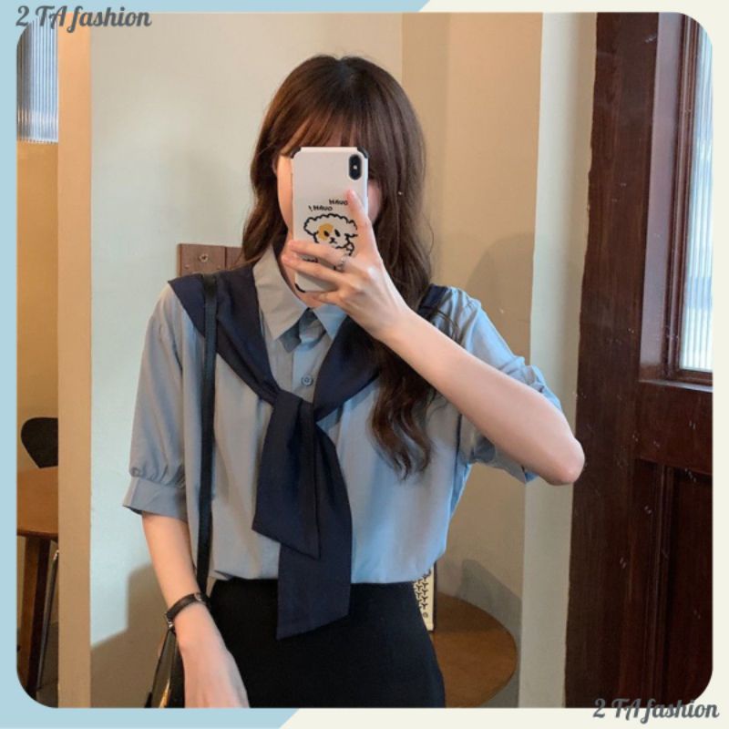 (ORDER TAOBAO) Áo sơ mi nữ ngắn tay công sở cổ cách điệu khăn quàng mỏng phong cách trẻ trung hàn quốc