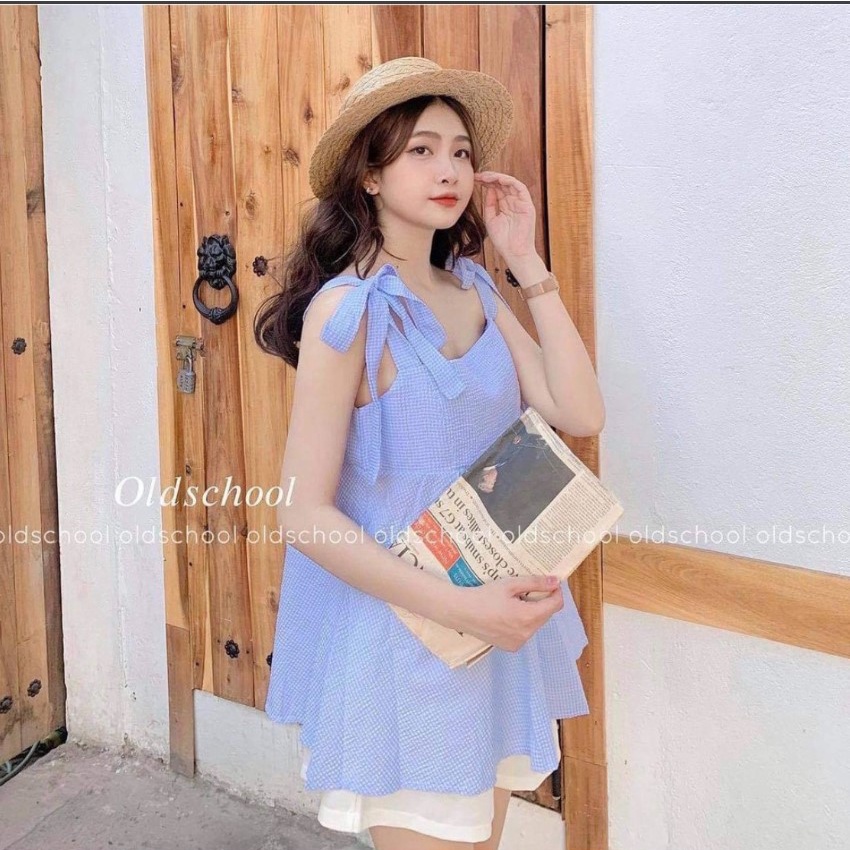 [RẺ VÔ ĐỊCH] Sét đồ nữ gồm áo babydoll nữ caro xanh+ quần đũi trắng