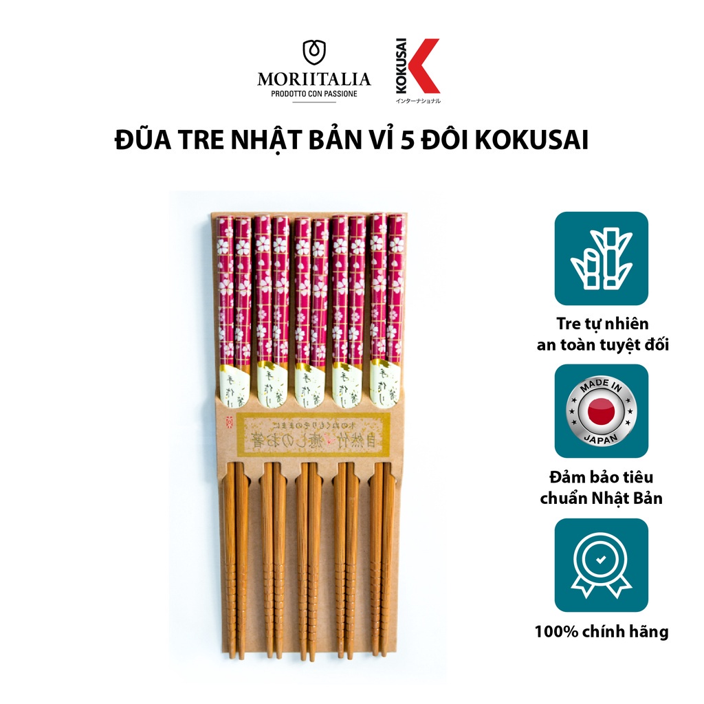 Vỉ 5 đôi Đũa tre Kokusai 100% tre tự nhiên, chịu nhiệt và chống trơn cực tốt chính hãng Moriitalia NDCK-05B