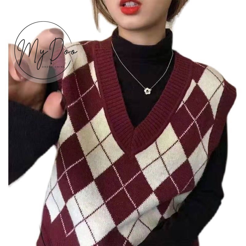 Áo gile caro Đỏ/ Đen ⚡️HÀNG LOẠI I ⚡️ áo ghi lê len nữ thì phong cách Hàn Quốc-  GL15 | BigBuy360 - bigbuy360.vn