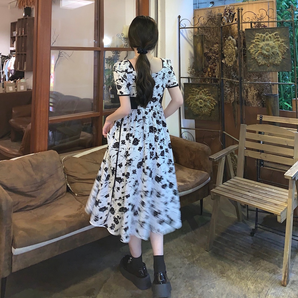 Đầm ZHELIHANGFEI dáng dài qua đầu gối chiffon có khóa kéo in họa tiết hoa nhỏ chất lượng cao xinh xắn