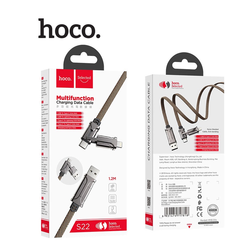 Cáp sạc đa năng 3A Hoco S22 4IN1 dây dù siêu bền dài 1.2M cho Smartphone