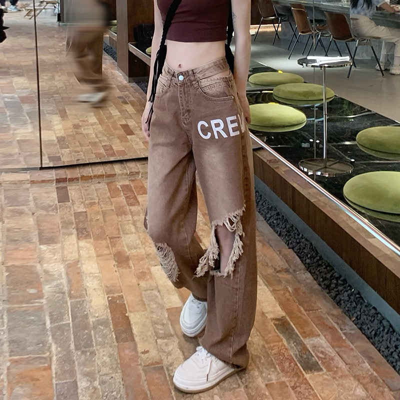 Quần Jean Nữ Lưng Cao Ống Đứng Rách Gối Thời Trang