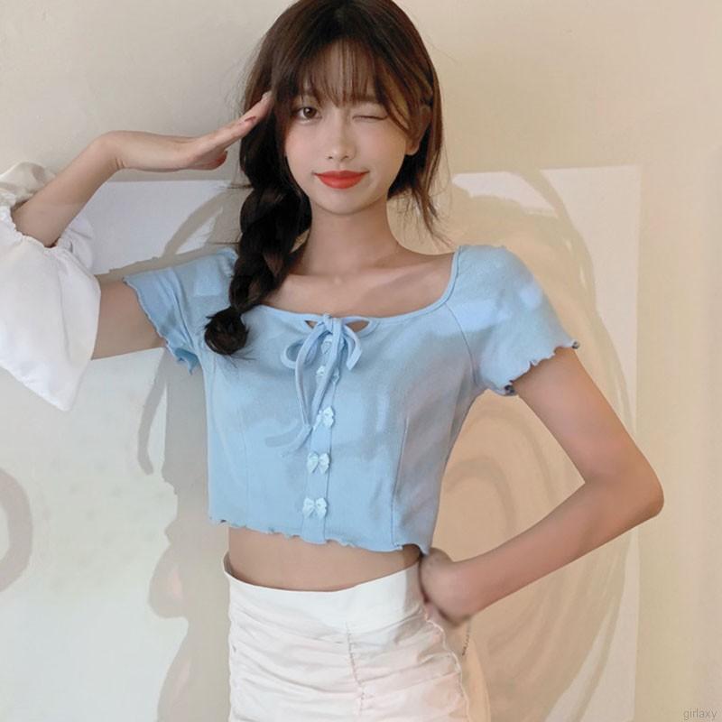 [Mã FAMAYWA giảm 10K đơn 50K] Áo kiểu dệt kim ngắn tay đính nơ phong cách Hàn Quốc xinh xắn thời trang cho nữ | BigBuy360 - bigbuy360.vn