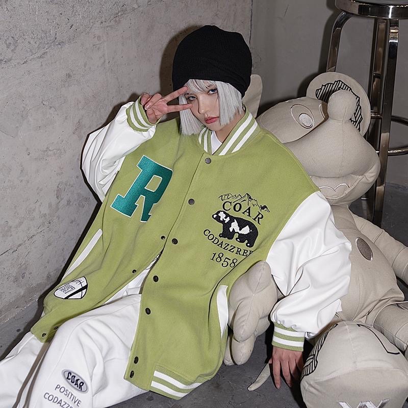 Áo khoác bomber varsity jacket nam nữ xanh lá tay da in hình bò sữa hàng QC