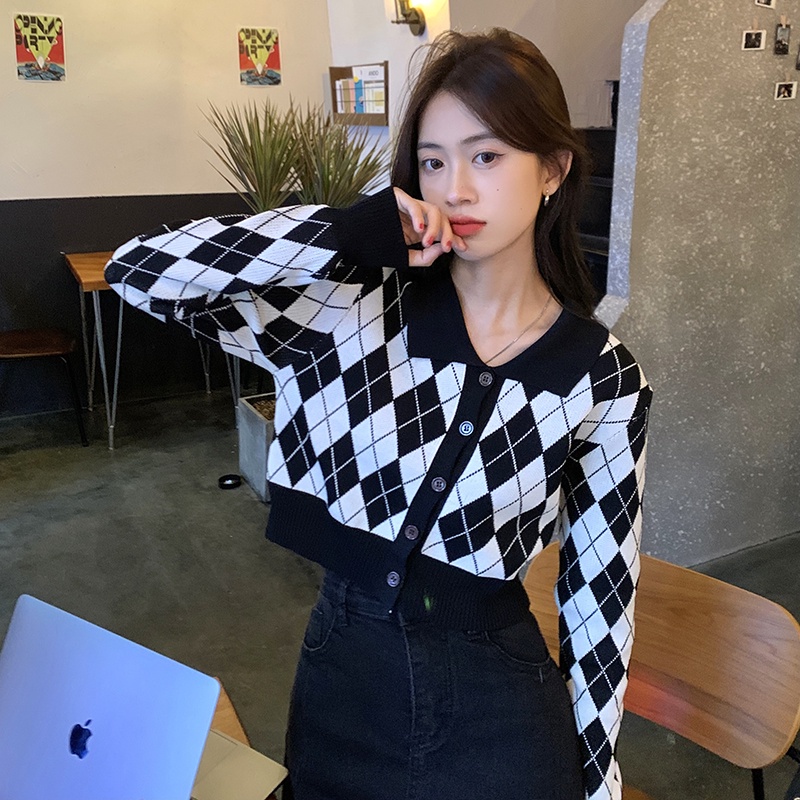 Porozi Áo cardigan dệt kim  tay dài cổ polo họa tiết sọc caro phong cách thời trang Hàn Quốc