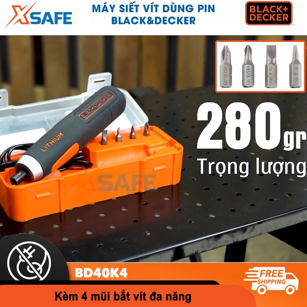Máy bắn vít dùng pin cầm tay Black&amp;Decker BD40K4-B1 5 mức chỉnh lực, gọn nhẹ 280g, tốc độ không tải 320rpm - chính hãng