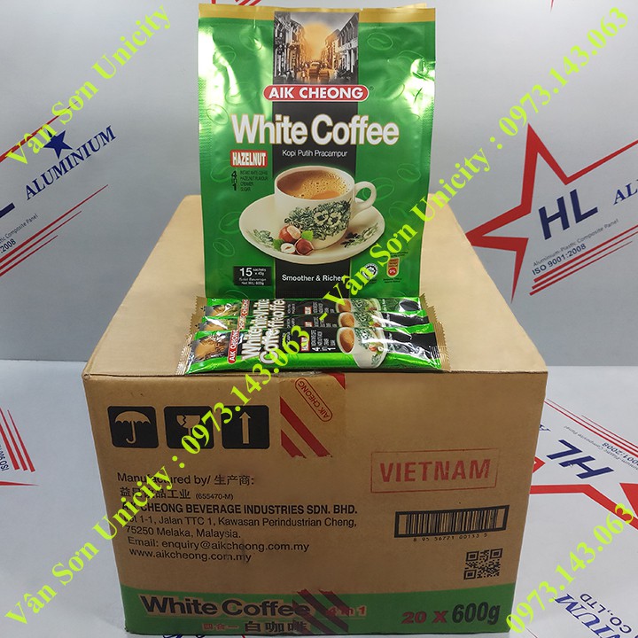 Thùng Cà phê trắng vị Hạt Phỉ (Hazelnut) Aik Cheong 20 bịch 600g (15 gói dài * 40g)