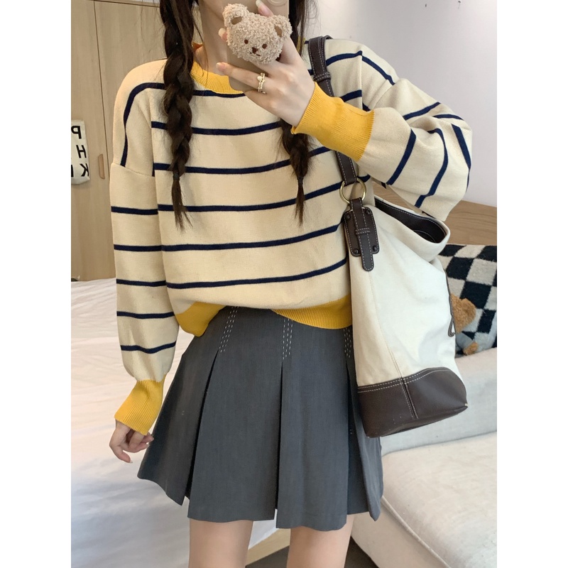 ZHELIHANGFEI Áo Len Tay Dài Lưng Cao Họa Tiết Kẻ Sọc Hợp Thời Trang