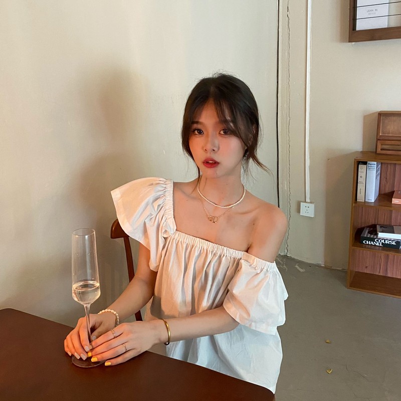 Áo nữ trễ vai SUXI dáng rộng màu trơn thời trang mùa hè phong cách vintage