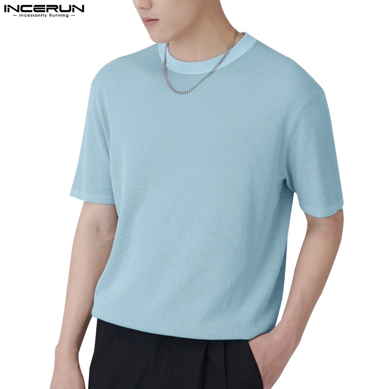 INCERUN Áo Thun Ngắn Tay Kẻ Sọc Caro Thời Trang Cho Nam