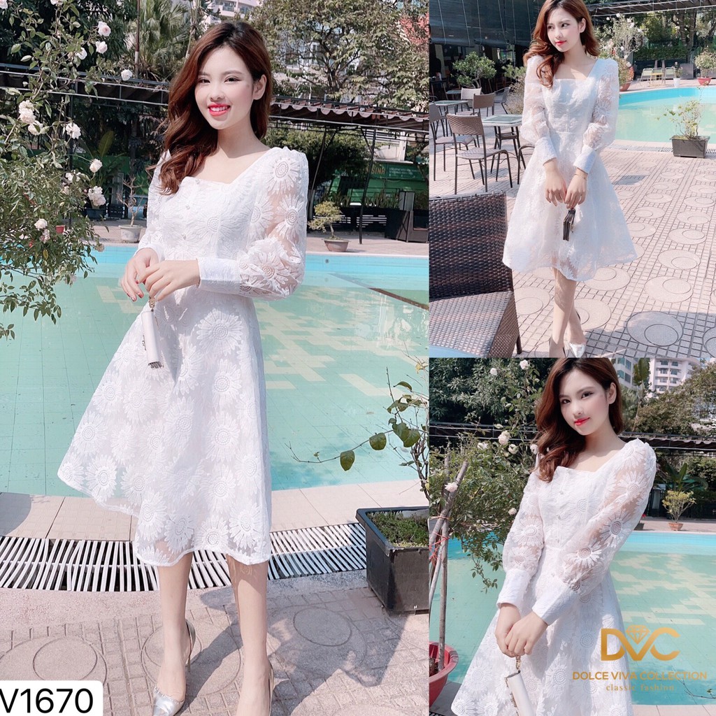 Váy xòe ren trắng cổ vuông V1670 - QUEEN SHOP DOLCE VIVA COLLECTION(ảnh người mẫu+ảnh trải sàn do shop tự chụp)