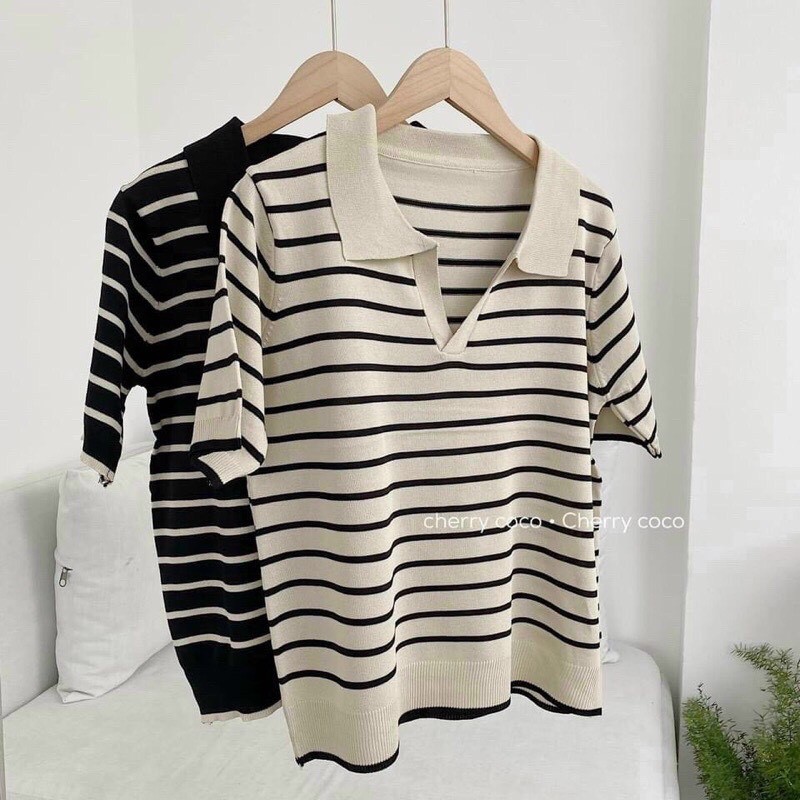 [Ảnh thật ] Áo len mỏng kẻ ngang cộc tay ulzzang