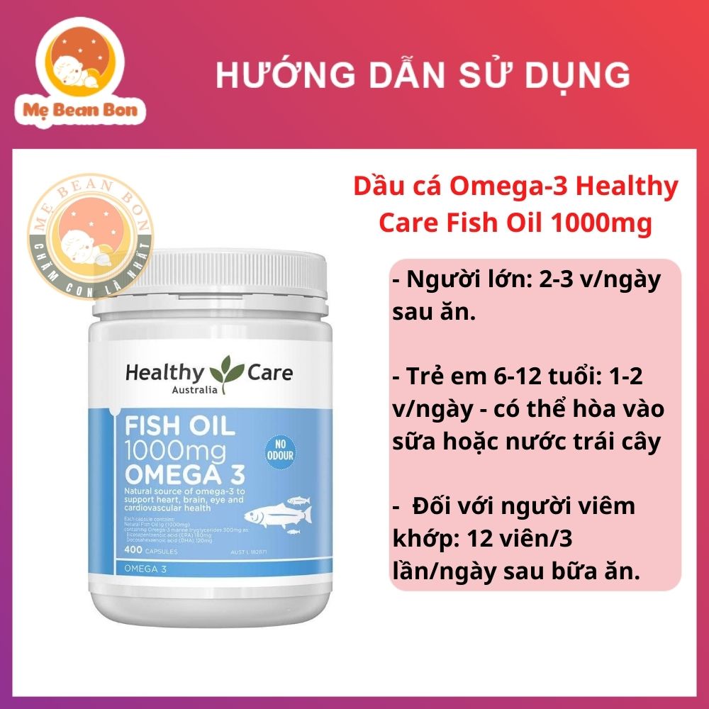 Viên uống Fish Oil Healthy Care Omega 3 1000mg 400 viên của Úc Dầu cá tự nhiên cho bé từ 6 tuổi trở lên