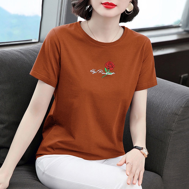 Áo Thun Ngắn Tay Thêu Họa Tiết Thời Trang Cho Phụ Nữ Trung Niên