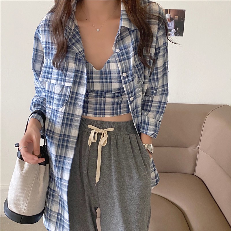 Bộ Áo Croptop Ca Rô Dài Tay + Áo Khoác Croptop Dài Tay Xinh Xắn Dành Cho Nữ 36795