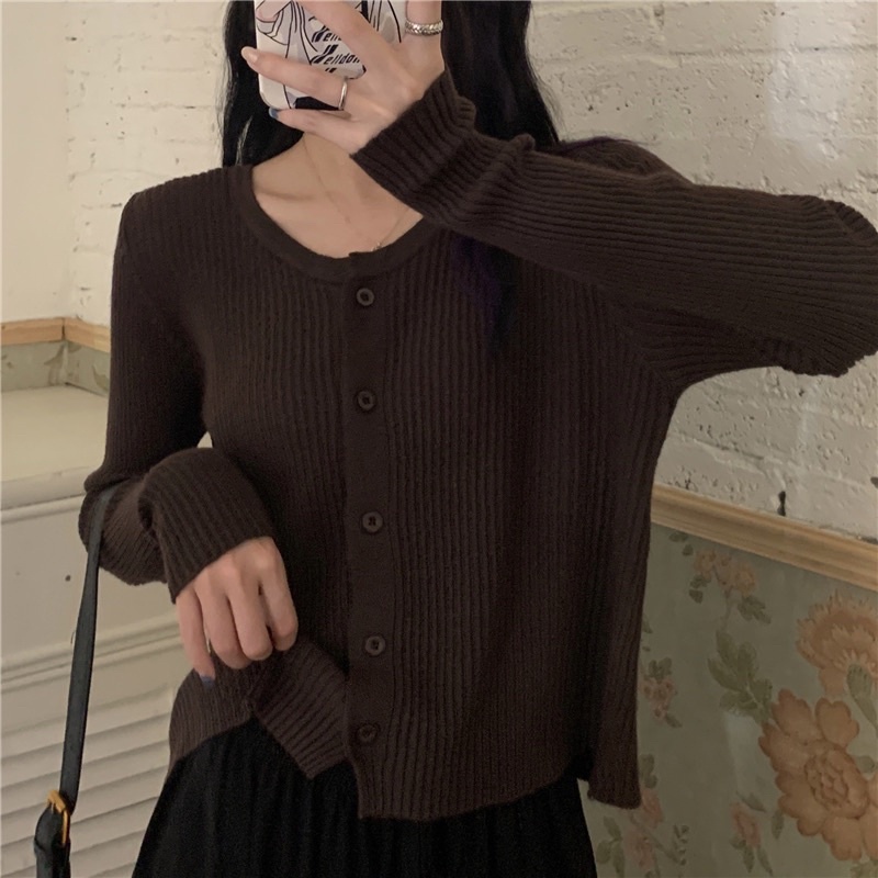 Áo len khoác len carigan nữ tay ôm dài, thân áo rộng màu trắng, màu đen, màu nâu, màu kem vàng