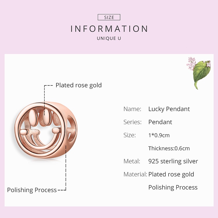 bamoer 925 Sterling Silver Lucky Smile Round Bead Charm Rose Gold Pendant fit Women Charm Bracelets Necklace DIY Jewelry SCC1787